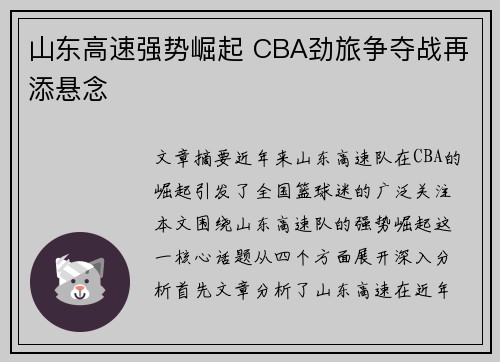 山东高速强势崛起 CBA劲旅争夺战再添悬念 山东高速强势崛起 CBA劲旅争夺战再添悬念