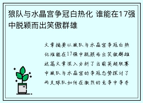 狼队与水晶宫争冠白热化 谁能在17强中脱颖而出笑傲群雄 狼队与水晶宫争冠白热化 谁能在17强中脱颖而出笑傲群雄