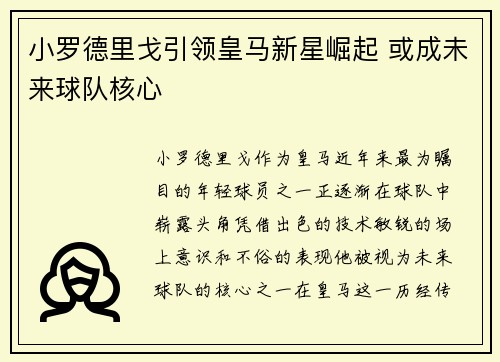 小罗德里戈引领皇马新星崛起 或成未来球队核心 小罗德里戈引领皇马新星崛起 或成未来球队核心